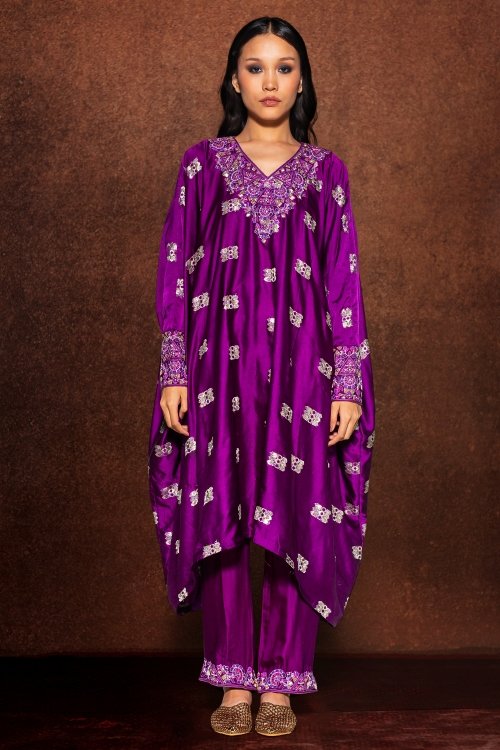 Purple Satin Fancy Kaftan Set with Resham Embroidery