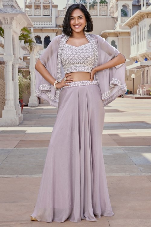 Pastel Purple Chinon Beads and Sequins Worked Crop Top Palazzo with Cowl Style Jacket