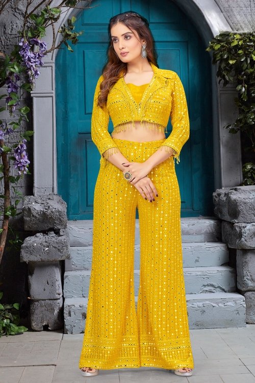 Yellow Applique Embroidered Crop Top Palzzo Set