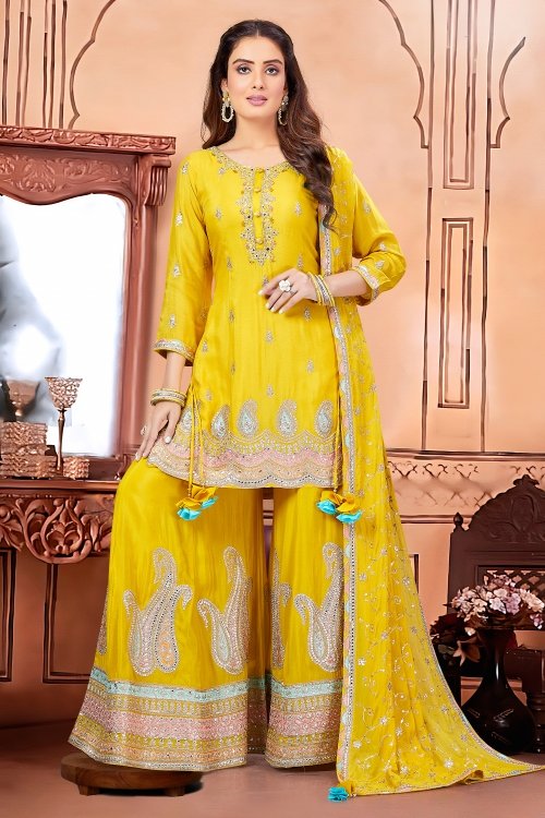 Yellow Chinon Sequin Embroidered Palazzo Suit