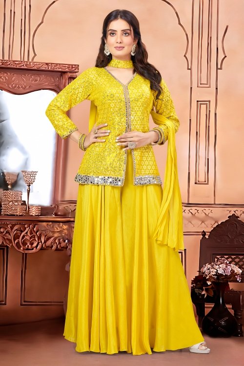 Yellow Georgette Sequin Embroidered Palazzo Suit with Mirror Detailling