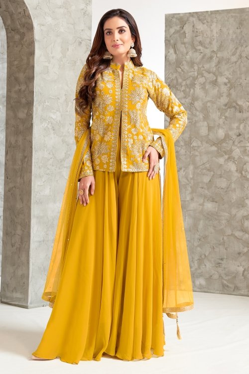 Yellow Georgette Sequinned Slit Top and Palazzo Set