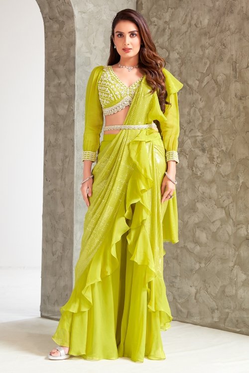 Lime Green Georgette Beaded Crop Top Palazzo Set with Attached Ruffle Dupatta