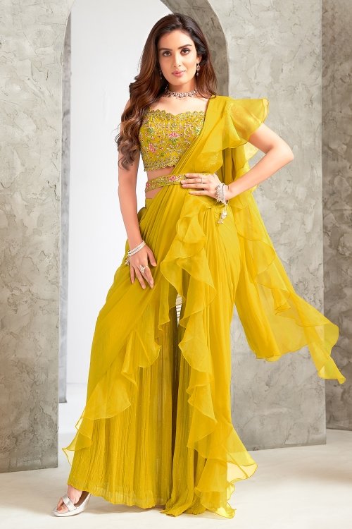 Mustard Yellow Chinon Embroidered Sequin Crop Top Sharara Set with Attached Ruffle Dupatta