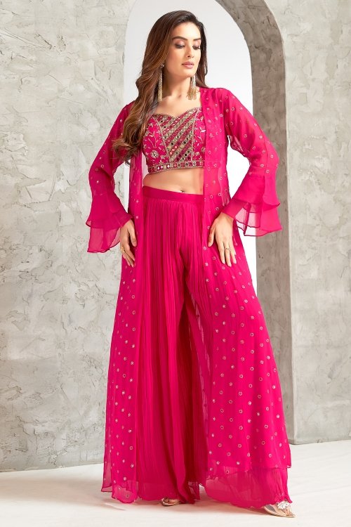Pink Georgette Mirror Embroidered Crop Top Palazzo with Long Shrug