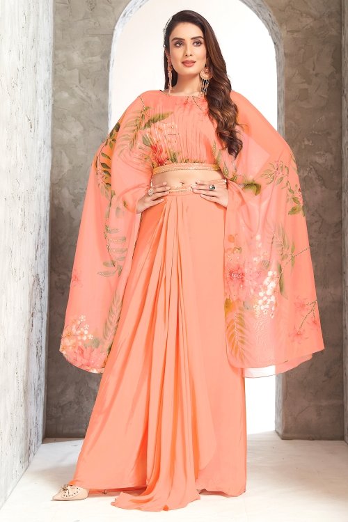 Peach Organza Cape Style Floral Printed Crop Top and Dhoti Skirt