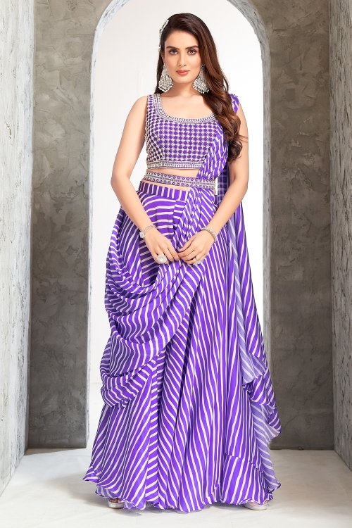 Purple Chinon Beaded Crop Top with Palazzo and Attached Dupatta