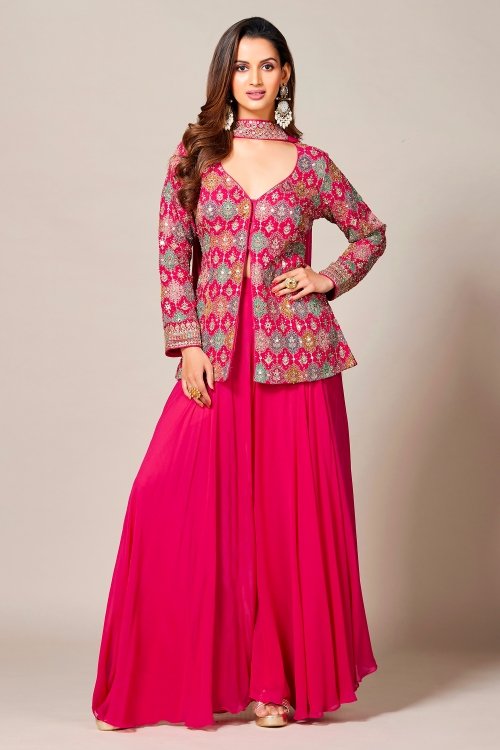 Pink Georgette Embroidered Front Slit Cut Top and Palazzo with Choker Dupatta