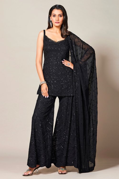 Black Georgette Thread Embroidered Straight Cut Palazzo Suit