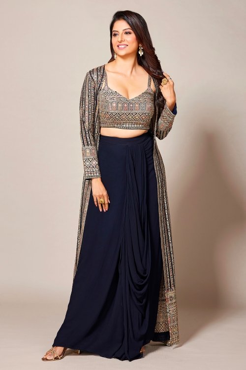 Blue Embroidered Crop Top and Dhoti Skirt with Long Shrug