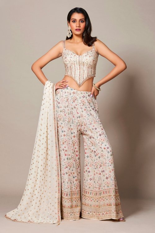 Pearl White Georgette Embroidered Sequin Corset Crop Top and Palazzo Set