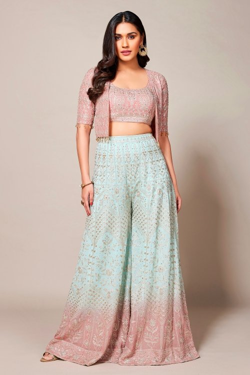 Pink Georgette Embroidery and Mirror Work Crop Top Palazzo with Short Jacket