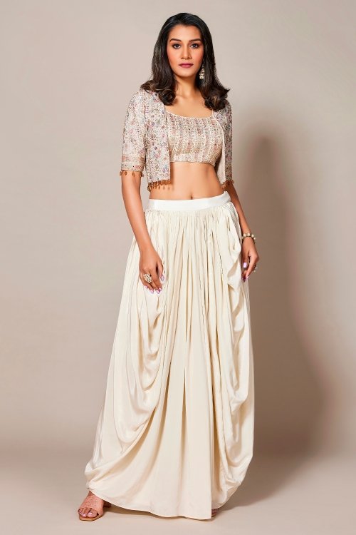 Off White Georgette Sequinned Crop Top Jacket with Pleated Cowl Dhoti Skirt