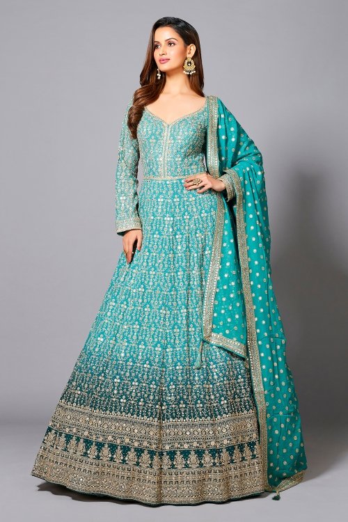 Turquoise Blue Ombre Georgette Sequin and Mirror Worked Anarkali Suit