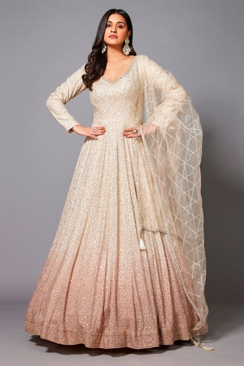 Cream and Peach Ombre Georgette Embroidered Mirror Anarkali Suit