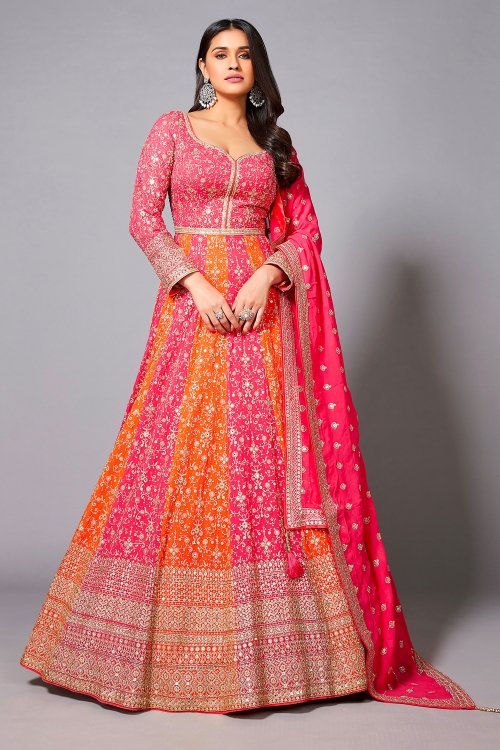 Pink and Orange Georgette Swarovski and Embroidery Worked Anarkali Suit