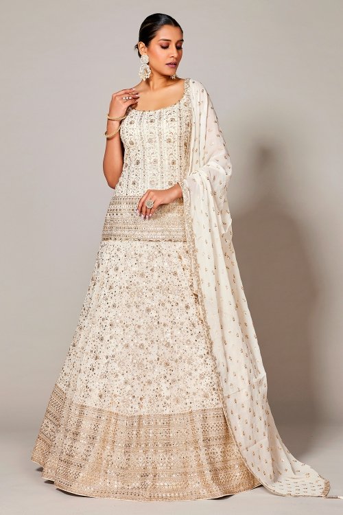 Off White Georgette Mirror Embroidered Lehenga Suit