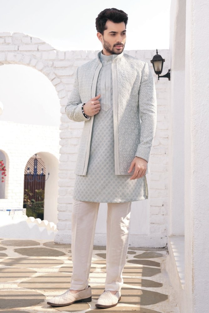 Cloudy Grey Silk Kurta Pajama with Jacket with Embroidery Work