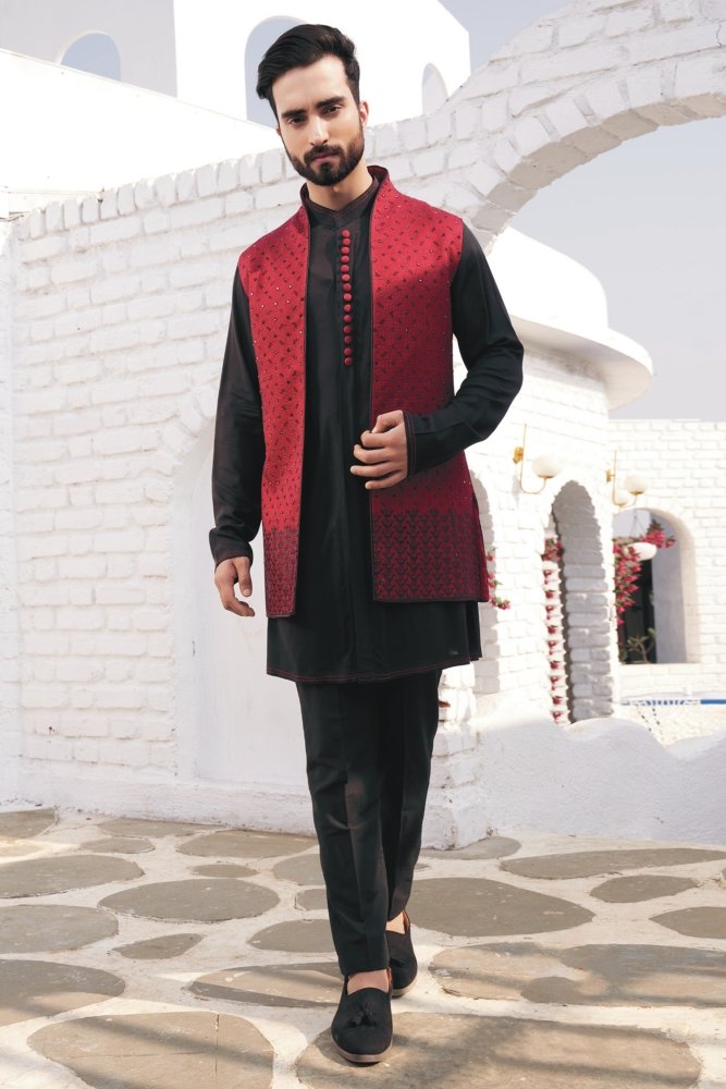 Buy Sober Black Color Banarasi Silk Fabric Kurta Pyjama With Black Jacket  online from SareesBazaar IN at lowest prices