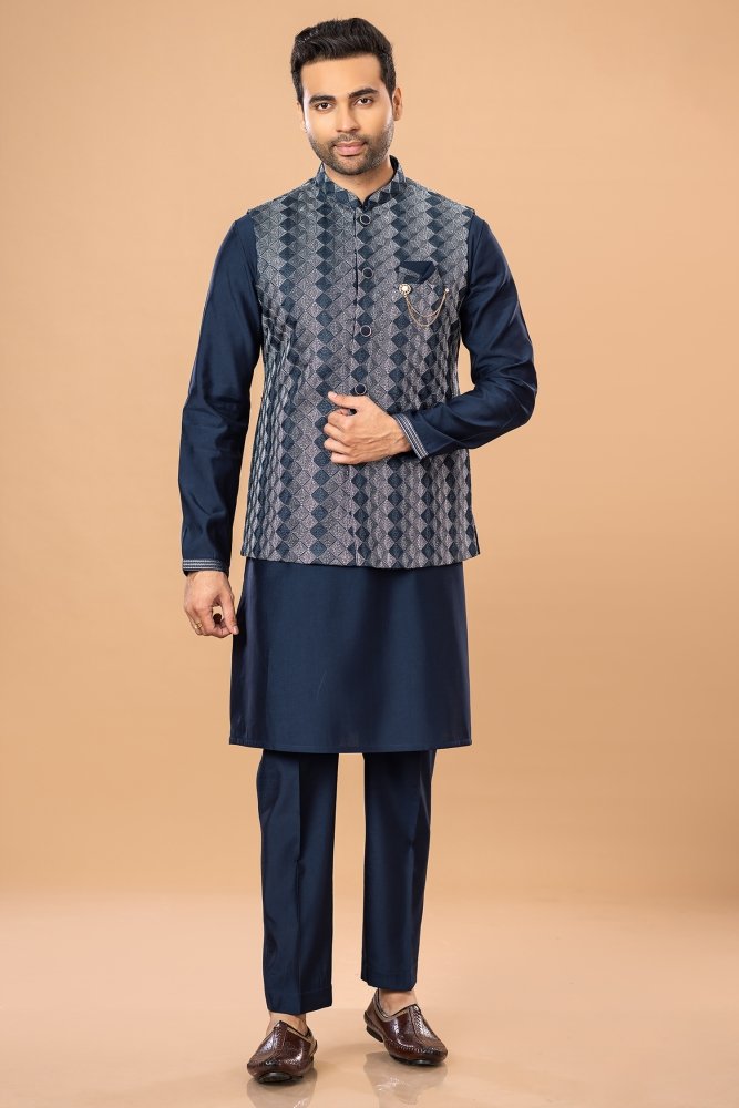 Buy Indigo Blue Jacket Kurta Set In Art Silk With Heavy Threadwork
