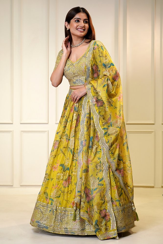 Olive Green & Silver-Toned Printed Ready to Wear Lehenga & Blouse With