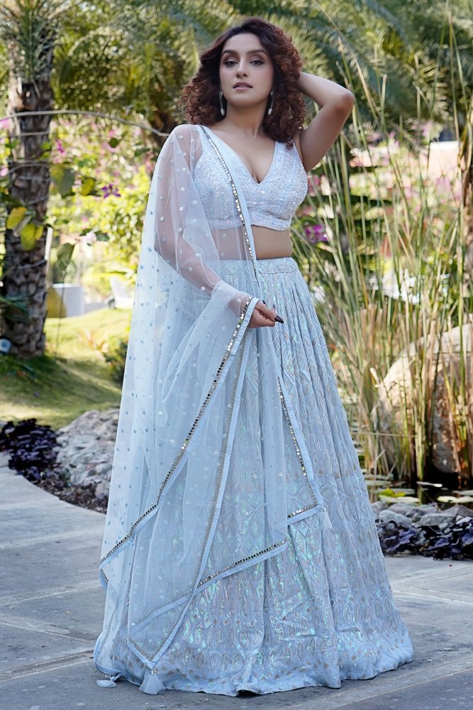 Embellished Ice Blue Lehenga Choli and Dupatta Dress | Blue lehenga, Blue  indian wedding dress, Light blue wedding dress