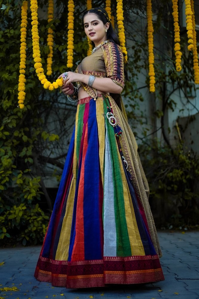 Multi Colored Raw Silk Chaniya Choli with Woven Border