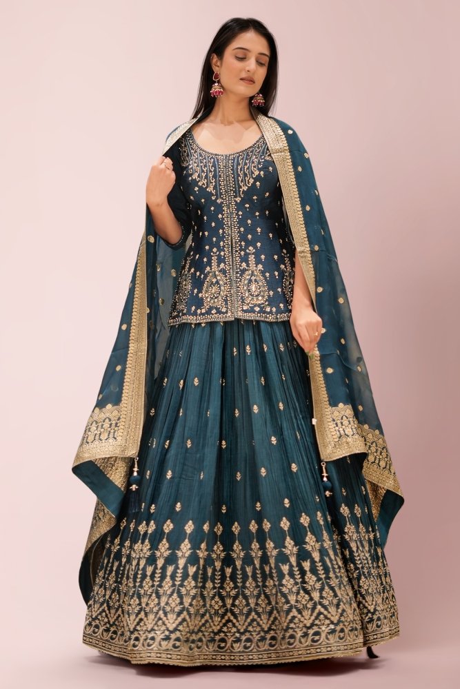 Rama Blue Chiffon Georgette Sequinned Lehenga with Long Blouse