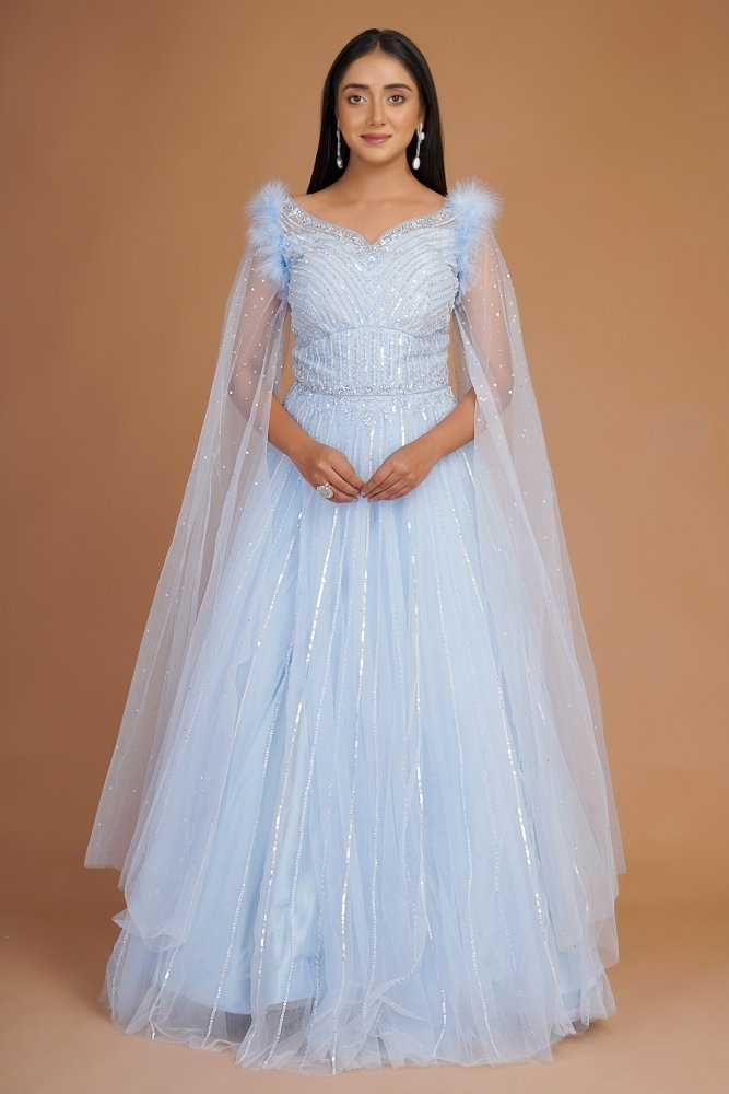 Light Blue Sequin and Cutdana Work Floor Length Gown in Net with Cape ...
