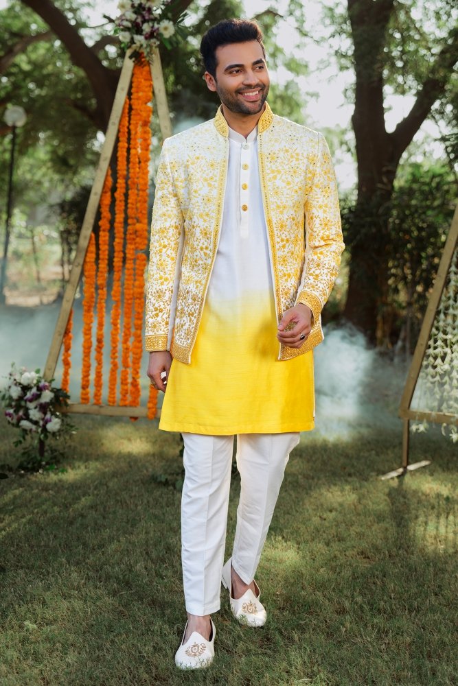 Buy Dupion Silk Resham Thread Work White and Yellow Kurta Payjama With  Jacket Online : 264954 -