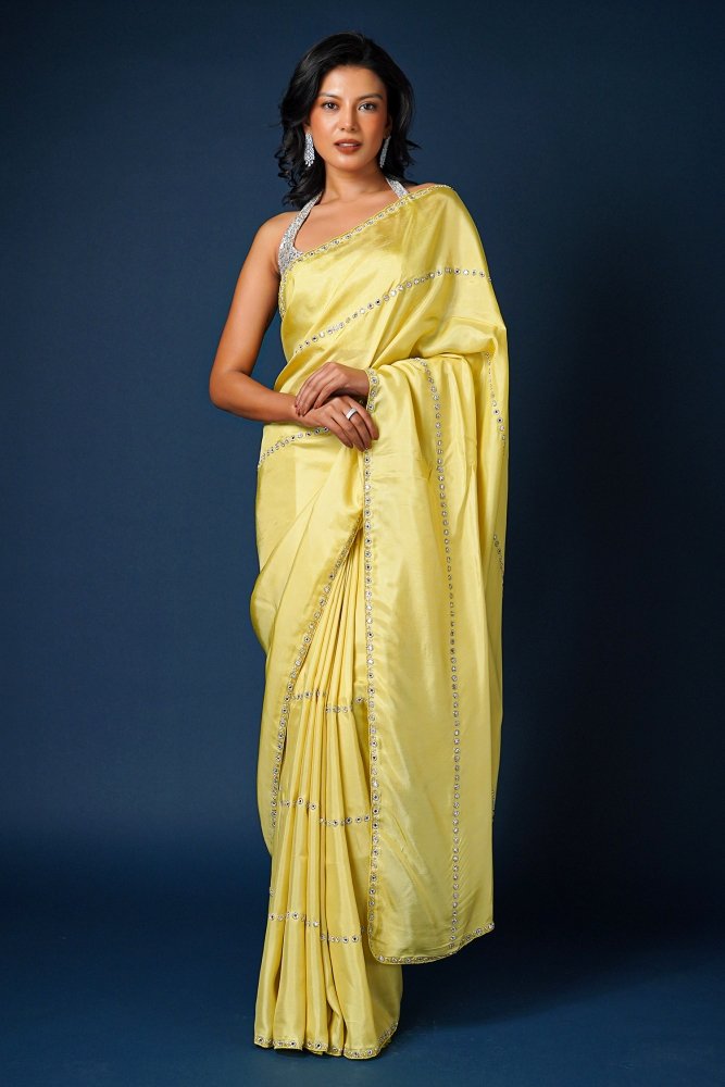 Yellow Georgette Mirror Work Saree | Leemboodi