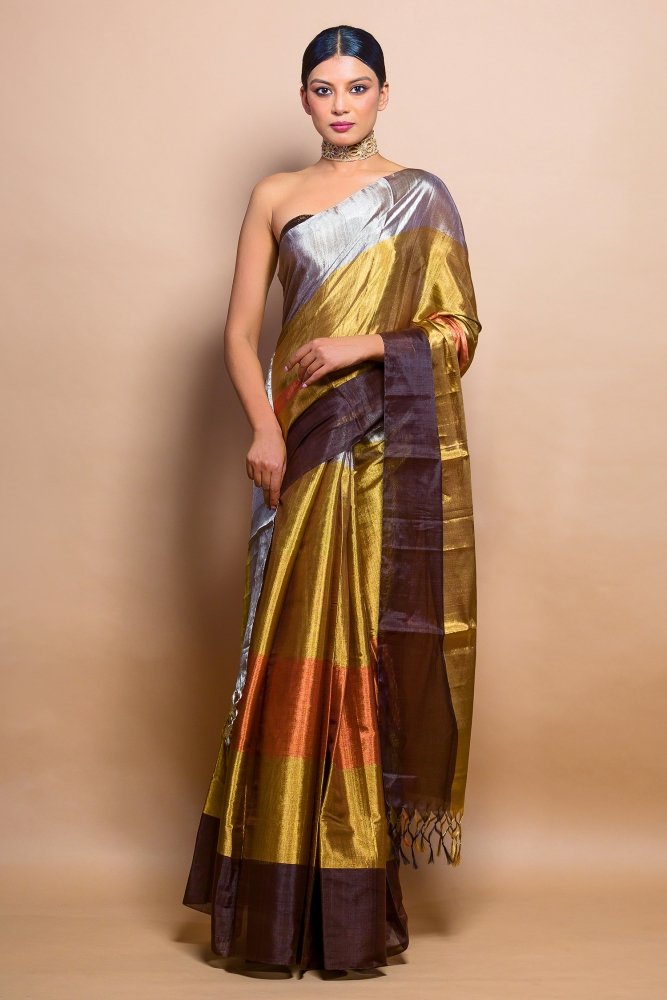 psaed1946a shimmer golden woven saree with tessles