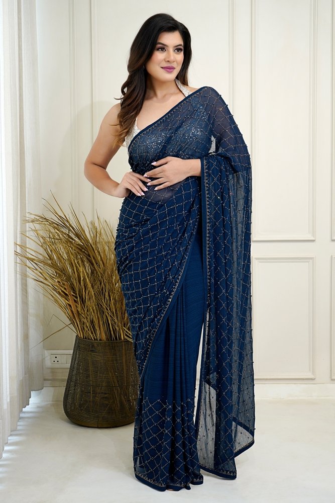 Buy Gold Net Saree With Stone studded and Florar work And Unstitched Blouse  Piece Kalki Fashion India