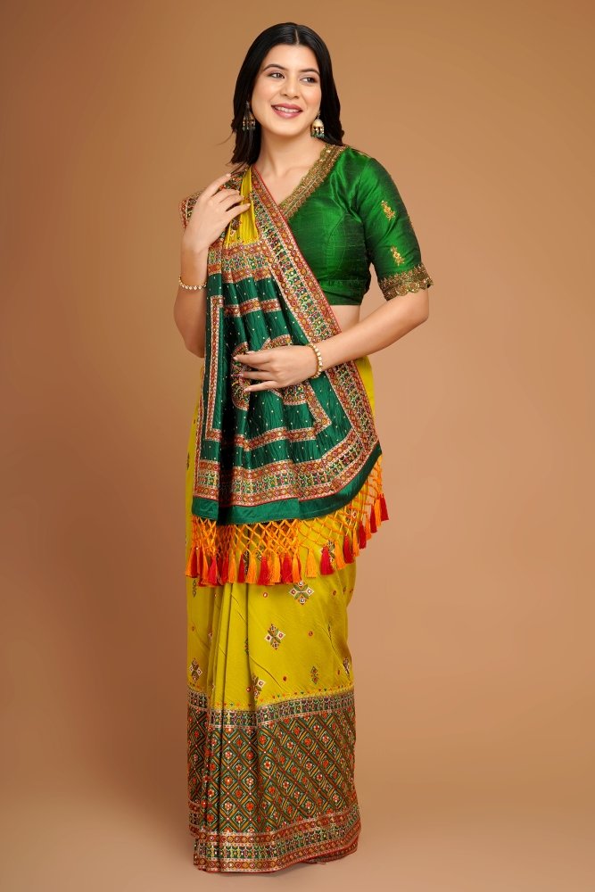 psaeh3095a olive green silk broad embroidered border saree with tassels