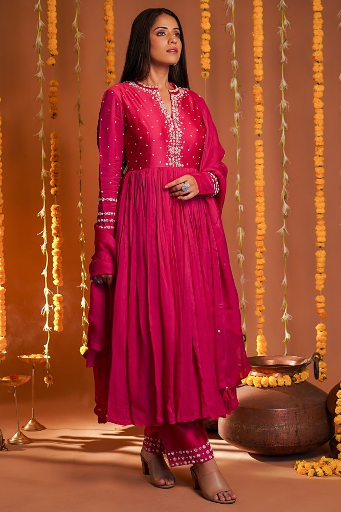 Womens Lehriya Cotton Rayon Ethnic Kurti Dress With Attached Dupatta Pink  Dupatta Set  Rani Color