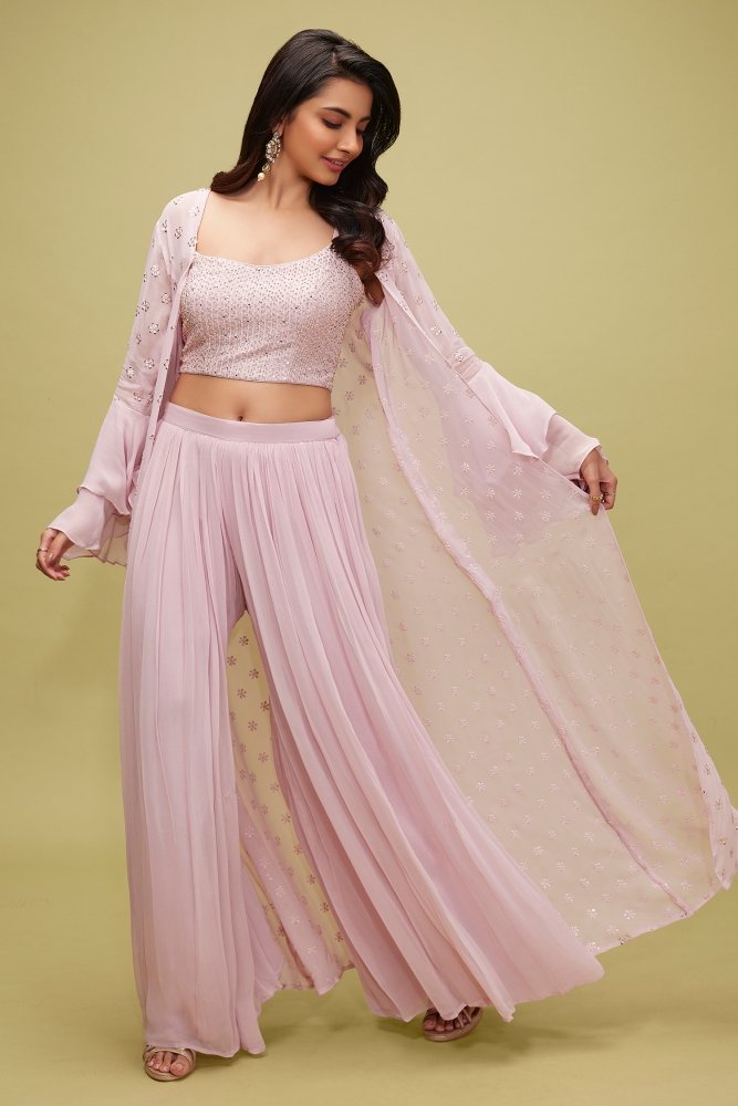 crop top with palazzo and shrug set