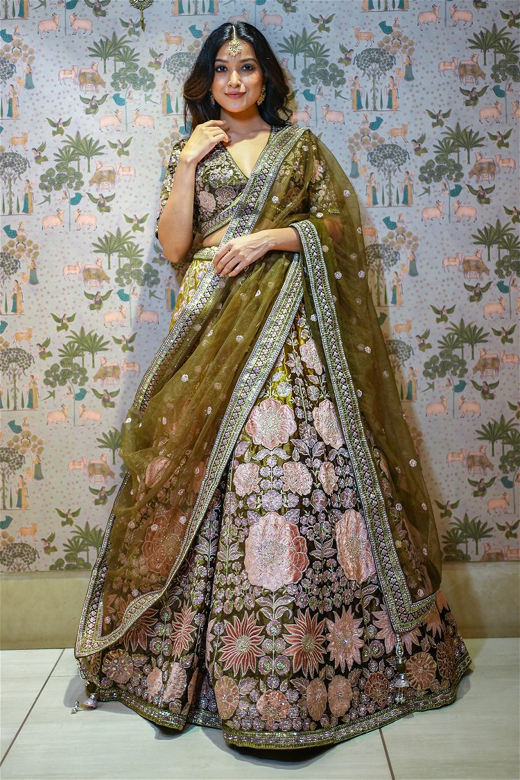 Olive Green Floral Motifs Lehenga with Sequins and Stone Work in Silk