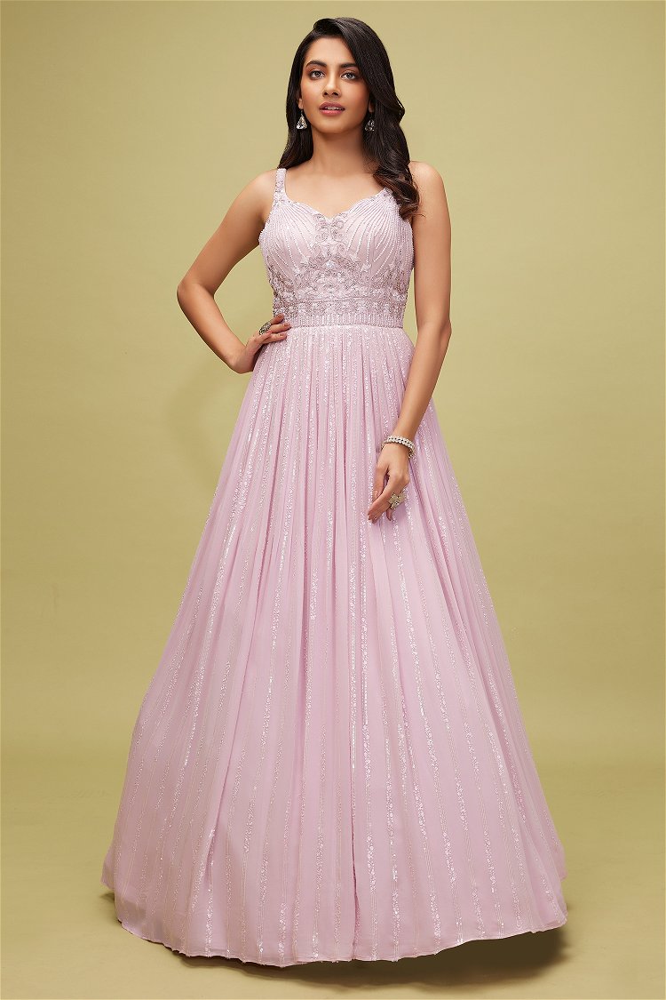 Light Pink Georgette Flared Sequinned Gown