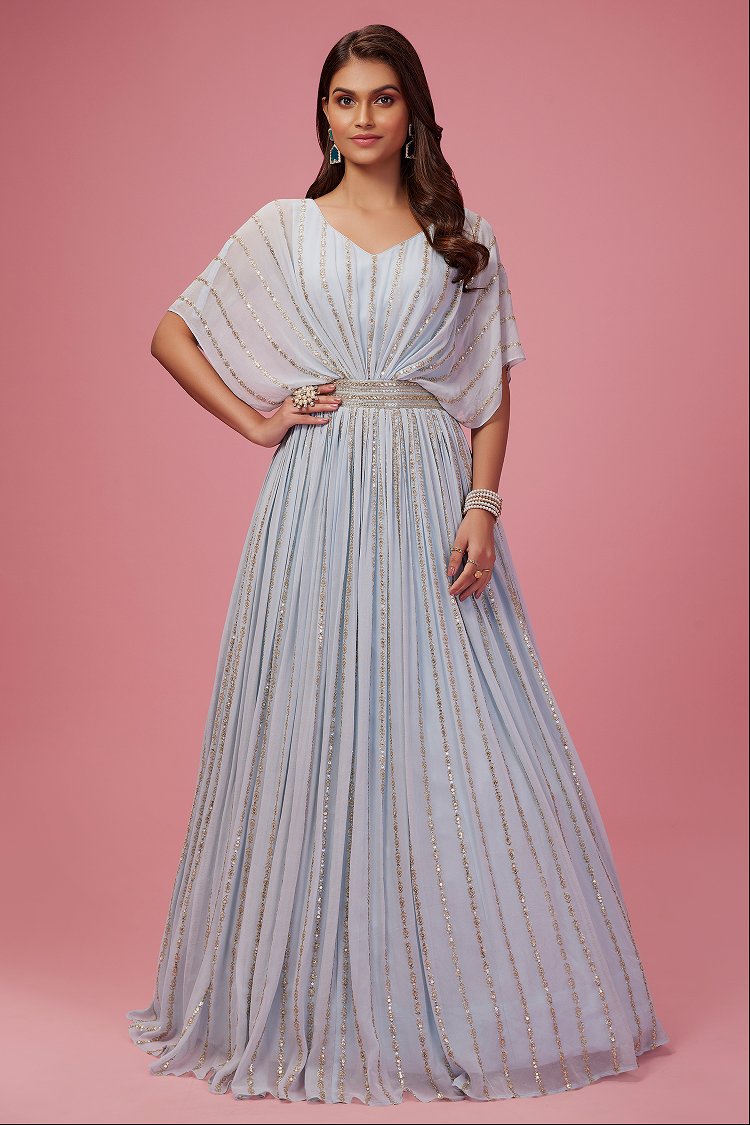 Light Blue Georgette Sequinned Flared Gown