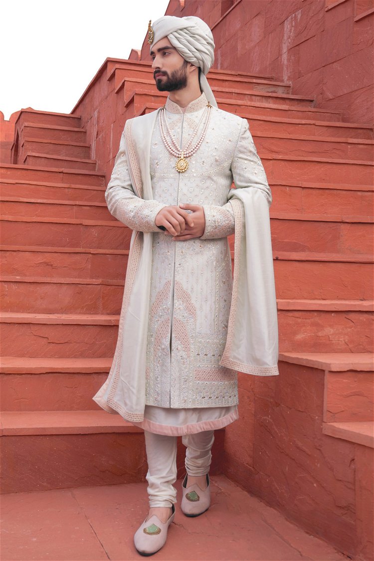 Icy Blue Sherwani Set in Silk with Embroidery Jaal and Mirror Work