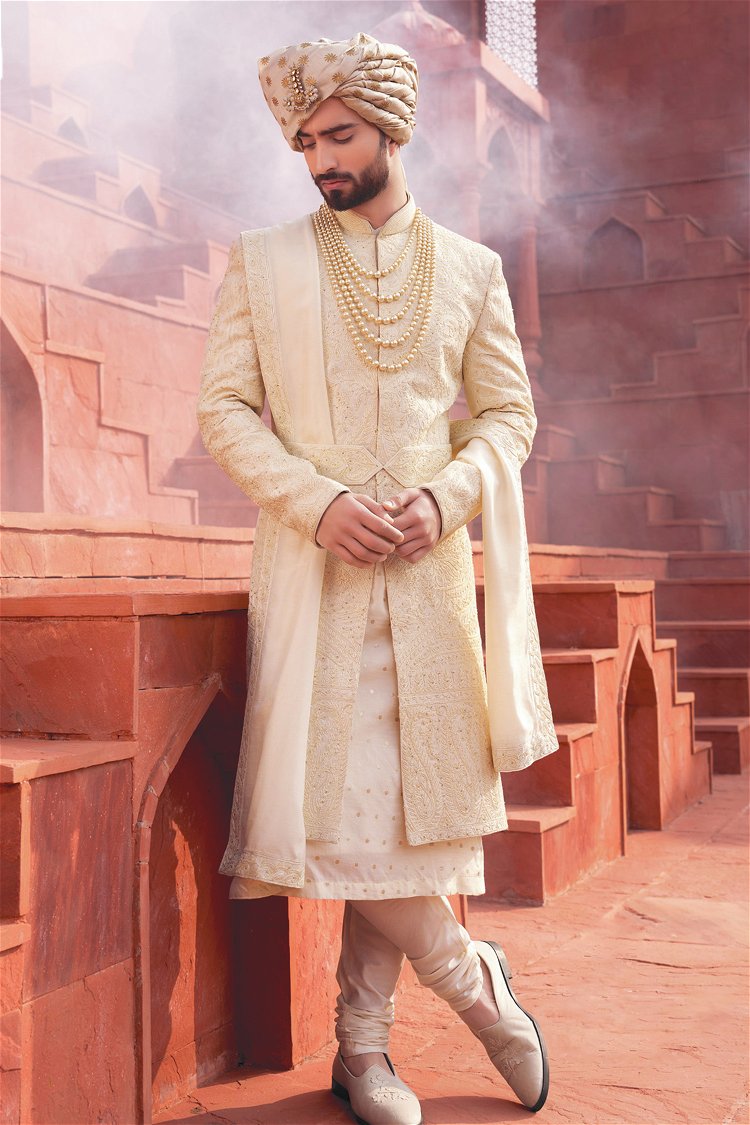 Beige Colored Sherwani Set in Silk Embroidery and Dori Work Along with Belt