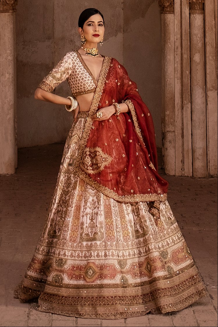 Cream Raw Silk Designer Flared Lehenga