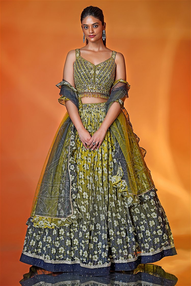Green Shaded Georgette Floral Printed Lehenga with Sequins