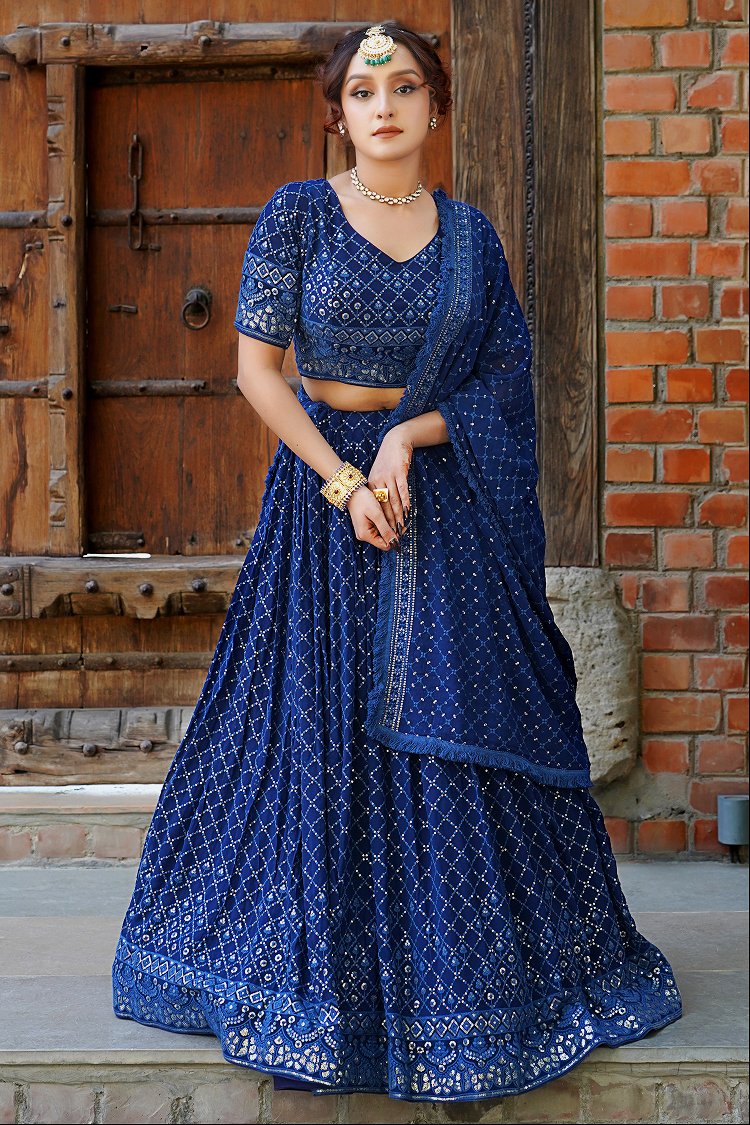 Royal Blue Flared Lehenga in Georgette with Checks Sequinned Work