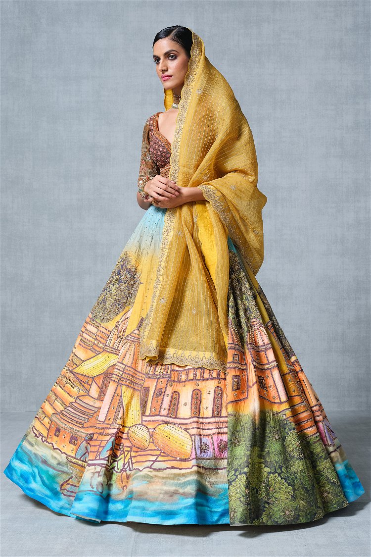 Orange and Yellow Banarasi Silk Hand Paint Ghat Inspired Lehenga