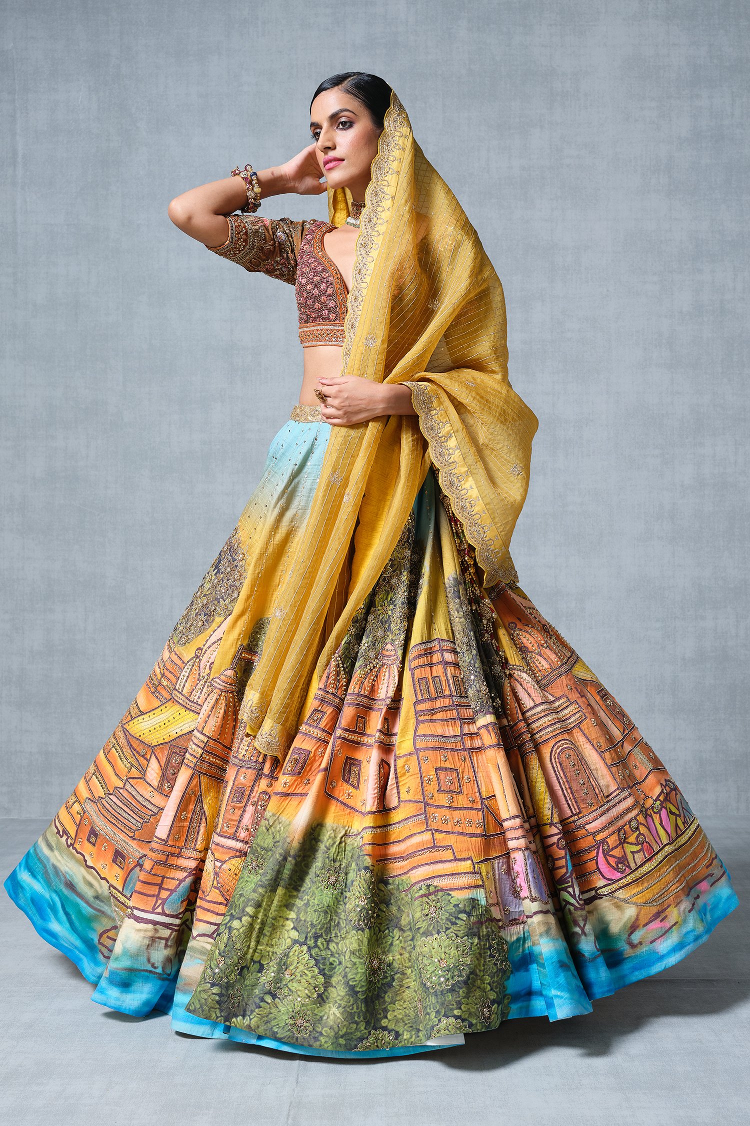 Red Back Trail Gown - Yellow Lehenga - Bridal Dupatta