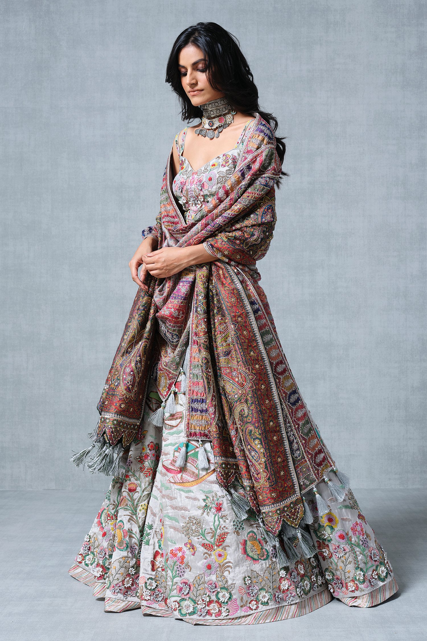 Bridal, Wedding Pink and Majenta color Silk, Tissue fabric Lehenga : 1696363