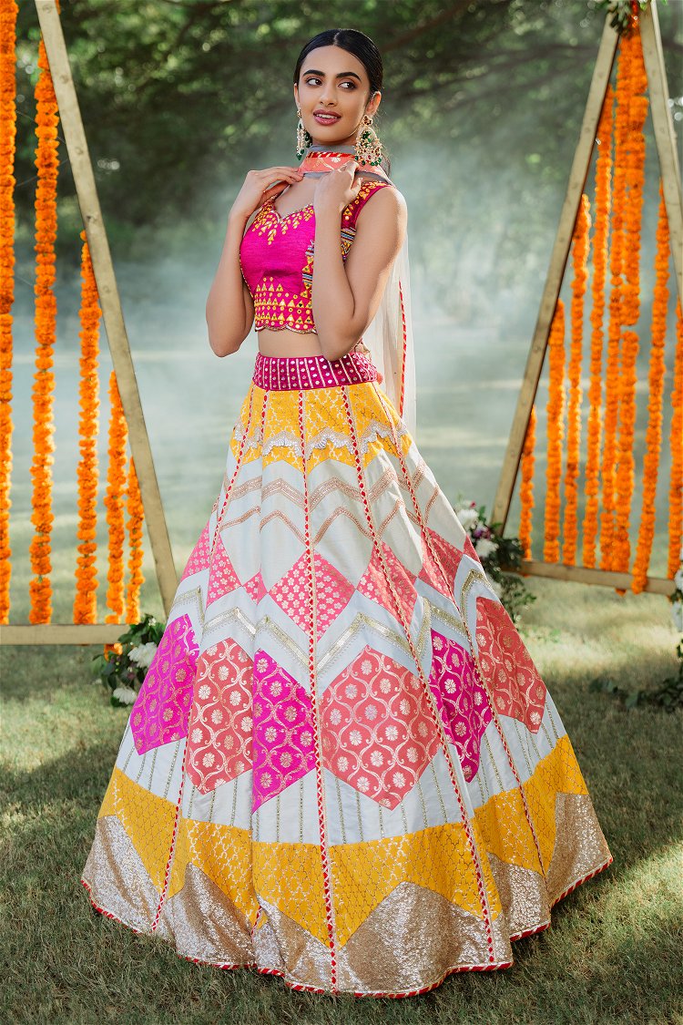 Multi Colored Raw Silk Flared Lehenga with Sequins