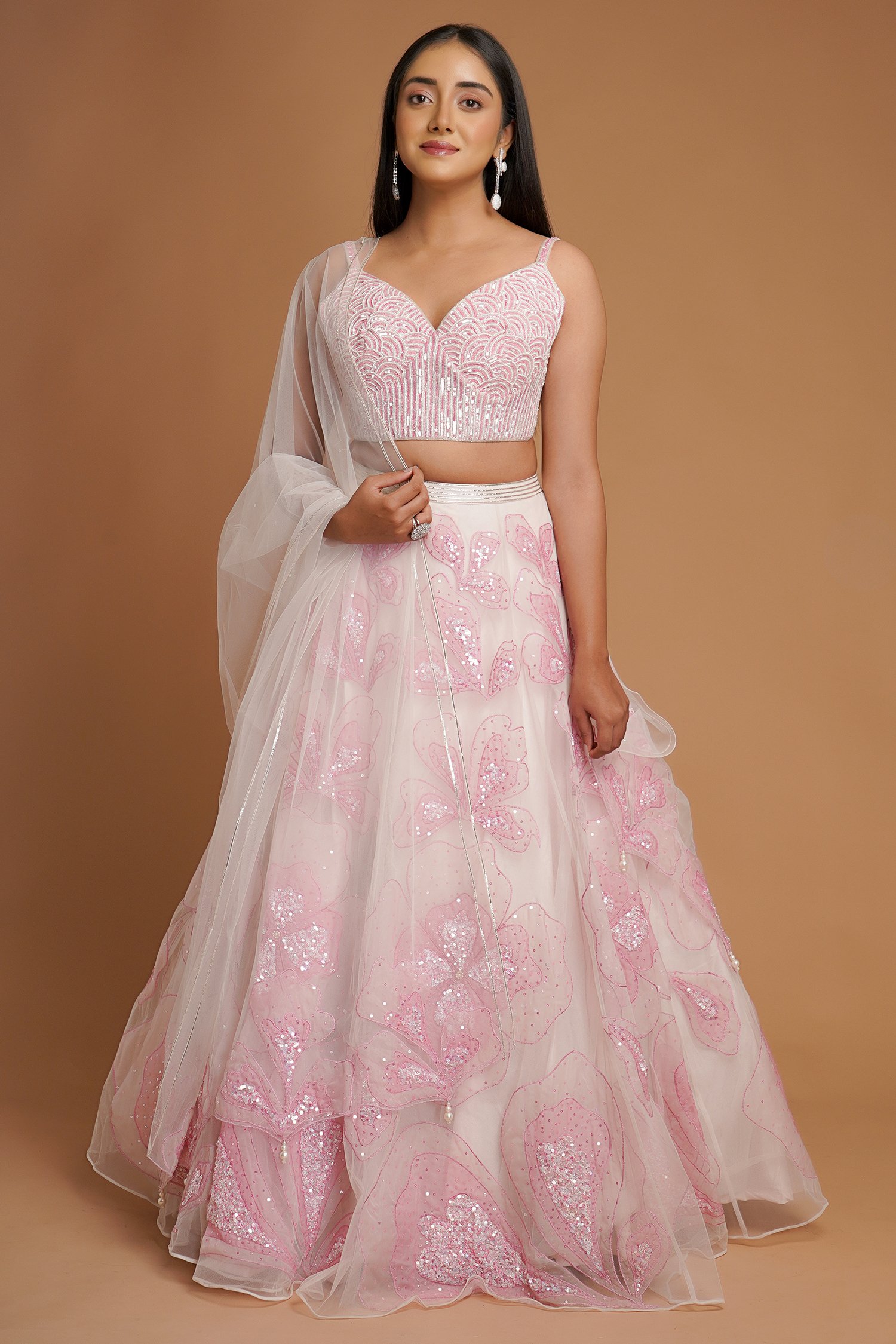 Light Pink Patch Work Lehenga in Net with Bead and Sequin Work Blouse
