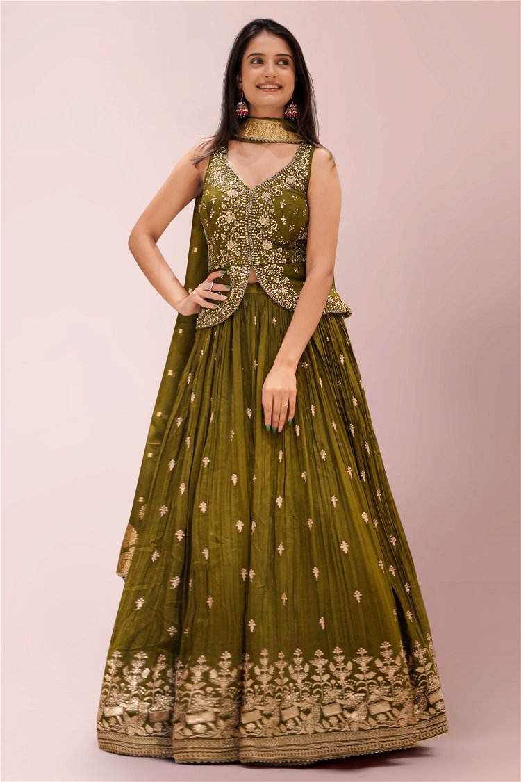 Mehendi Green Chiffon Georgette Pleated Lehenga with Embroidery and Sequins Work
